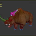 3D Rendered Rhinoceros with Orange Brown Skin Red Eyes Open Mouth Exposed Teeth Gray Background