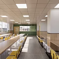 School Cafeteria Interior With Long Tables Yellow White Chairs And Large Windows 3d model
