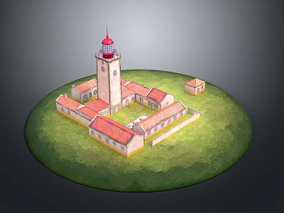 Scenic Landscape With Red Roof Buildings Lighthouse And Green Circular Grass Area 3d model