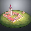 Scenic Landscape With Red Roof Buildings Lighthouse And Green Circular Grass Area