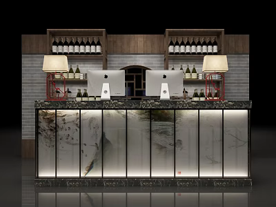 Elegant Reception Desk With Marble Countertop Wine Racks And Table Lamps 3d model
