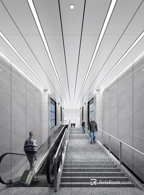 Modern Elevator Hallway With Gray Walls Linear Ceiling Lights Side Windows And Escalators 3d model 