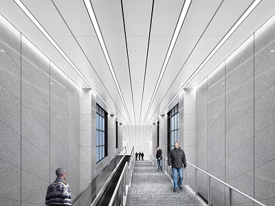 Modern Elevator Hallway With Gray Walls Linear Ceiling Lights Side Windows And Escalators 3d model