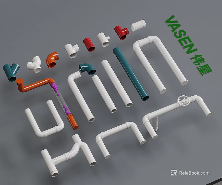 VASEN Plumbing Pipes With Various Colors And Fittings In Different Shapes 3d model 