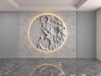 Gray Interior Wall Design with Circular Moon Texture Illuminated Edge Striped Panels and Marble Floor 3d model