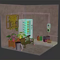 Indoor Interior Scene with Vending Machine Green Plants Wooden Bench Tiled Walls and Blue Bottles