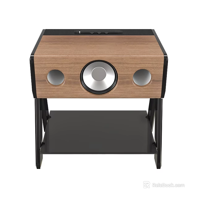 Modern Wooden Audio Speaker Featuring Central Driver And Black Stand Base 3d model 