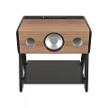 Modern Wooden Audio Speaker Featuring Central Driver And Black Stand Base 3d model