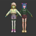 Two Cat Ear Girls In Yellow Crop Top Black Hoodie Shorts Pink Striped Socks Shoes