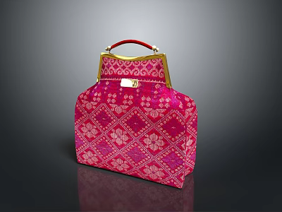 Pink Decorative Handbag With Red Handle Golden Frame And White Floral Patterns 3d model