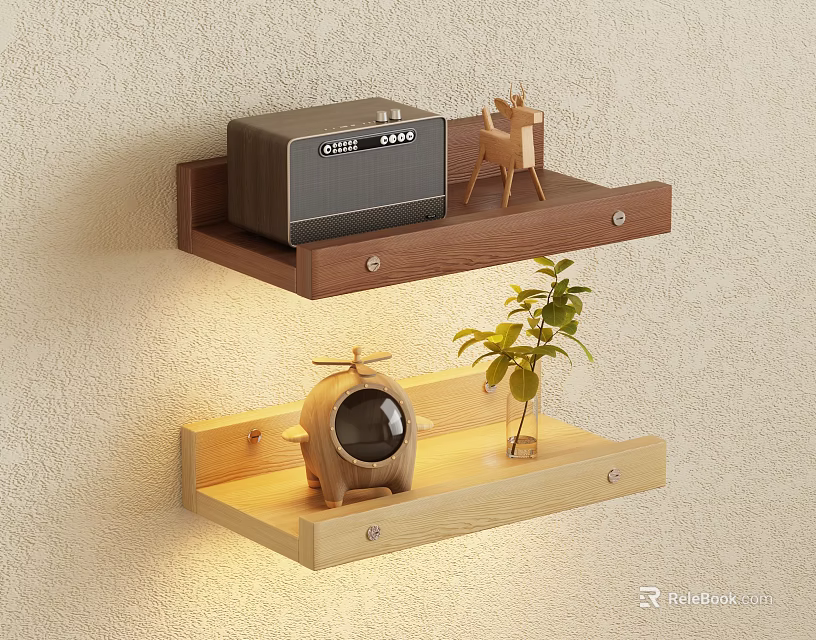 Wooden Wall Mounted Shelves With Radio Deer Figurine Astronaut And Small Plant 3d model 