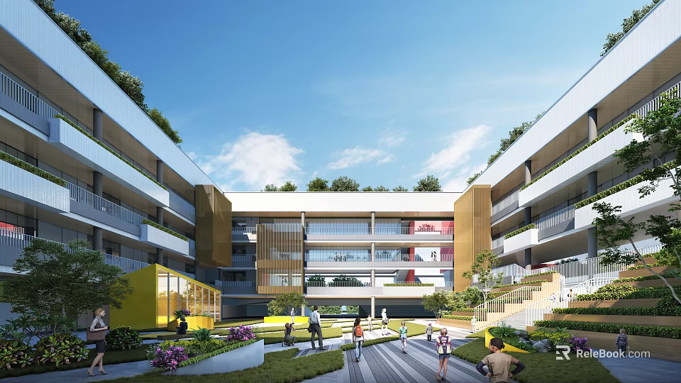 Modern School Building With Green Roof And Outdoor Courtyard For Student Activities 3d model 
