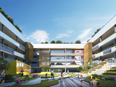 Modern School Building With Green Roof And Outdoor Courtyard For Student Activities 3d model