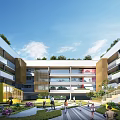 Modern School Building With Green Roof And Outdoor Courtyard For Student Activities
