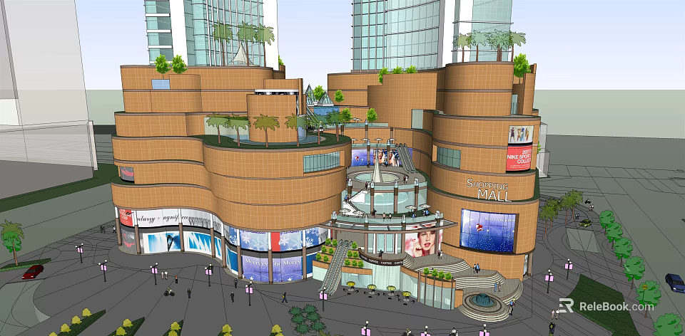 Multi Storey Commercial Complex With Rooftop Greenery Retail Shops And Digital Billboards 3d model 