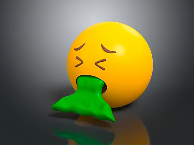Yellow Emoji Decorative Ornament Set with Closed Eyes Frowning Green Tongue on Dark Reflective Surface 3d model