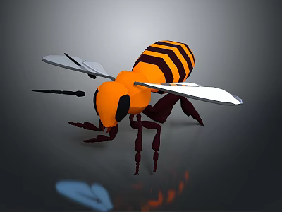 3D Bee Model Featuring Yellow Black Stripes White Wings Legs On Dark Background With Reflection 3d model