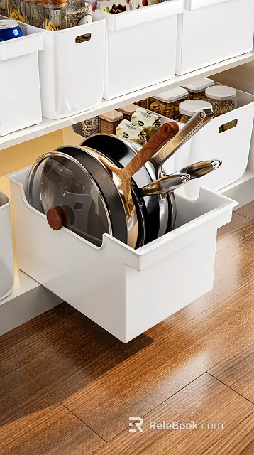 Kitchen Cabinet Drawer Organized With Neatly Stored Pots Pans And Lids 3d model 