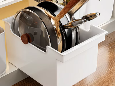 Kitchen Cabinet Drawer Organized With Neatly Stored Pots Pans And Lids 3d model