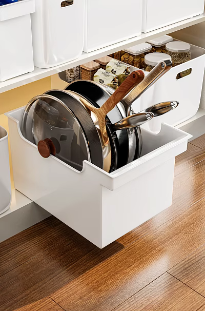 Kitchen Cabinet Drawer Organized With Neatly Stored Pots Pans And Lids 3d model