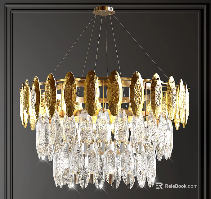 Elegant Modern Round Golden Crystal Chandelier with Decorative Frames and Clear Pendants 3d model 