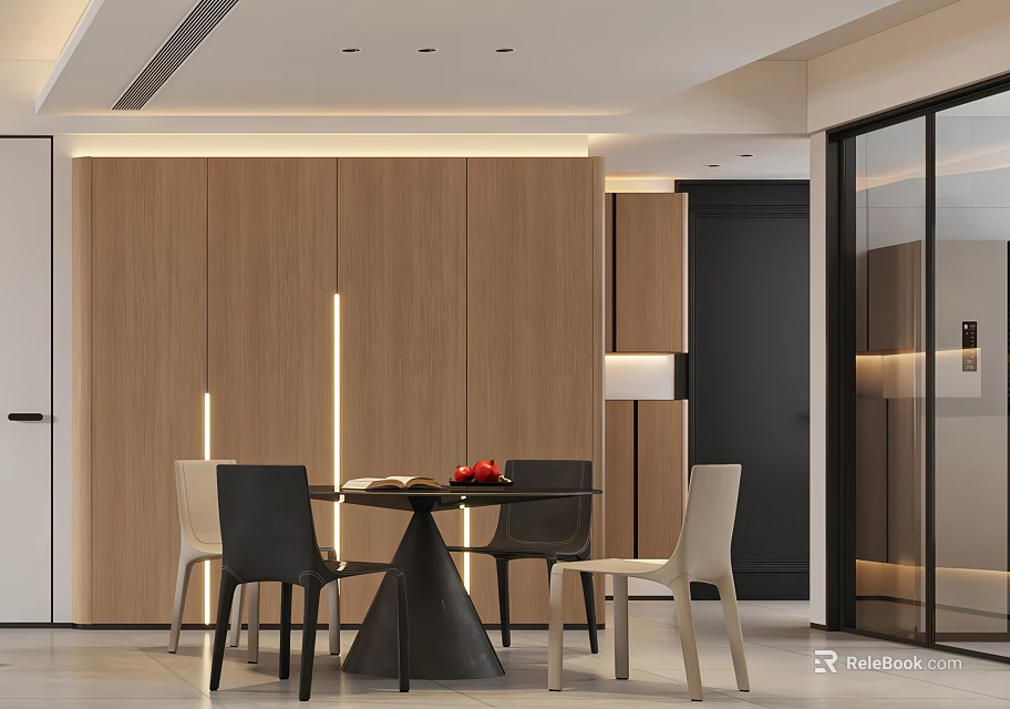 Modern Minimalist Dining Room Interior With Wooden Cabinets Dining Table Chairs And Red Fruits 3d model 
