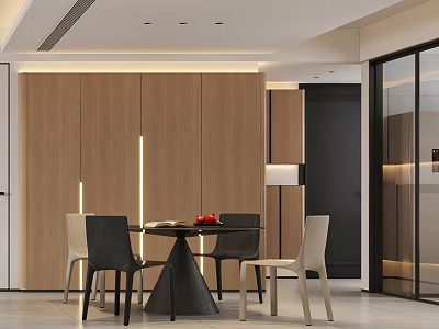Modern Minimalist Dining Room Interior With Wooden Cabinets Dining Table Chairs And Red Fruits 3d model