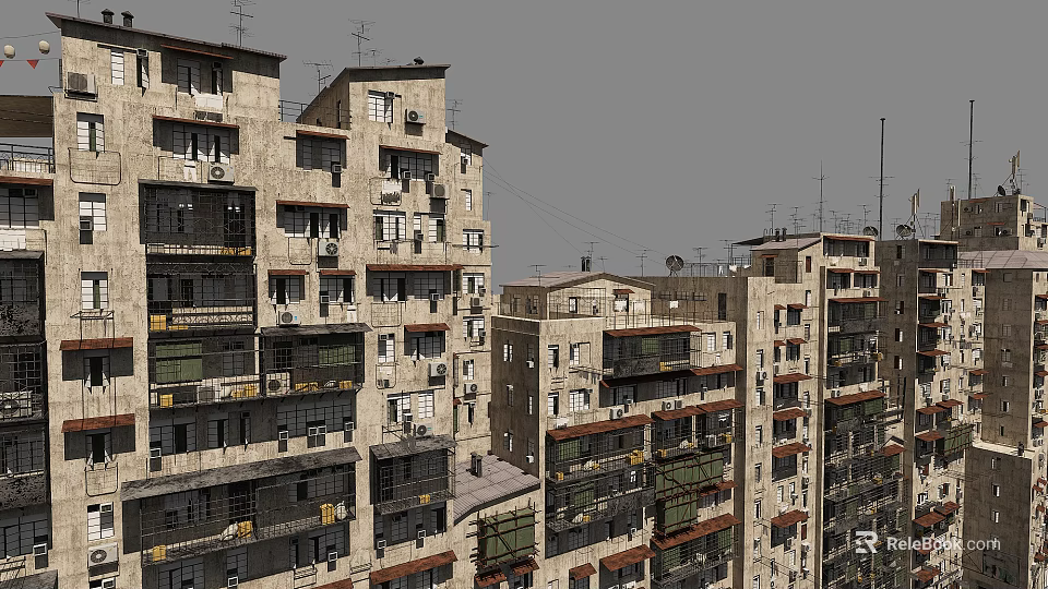 Old Urban Multi Story Residential Building Exterior With Balconies And Air Conditioners 3d model 