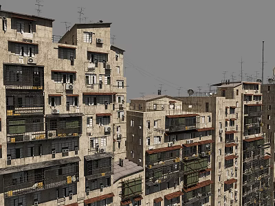 Old Urban Multi Story Residential Building Exterior With Balconies And Air Conditioners 3d model