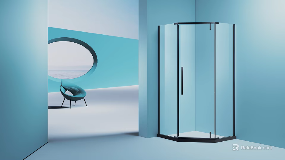Modern Shower Sauna With Transparent Glass Black Frame Corner Design Blue Background And Circular Window 3d model 
