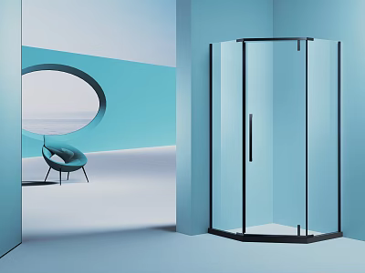 Modern Shower Sauna With Transparent Glass Black Frame Corner Design Blue Background And Circular Window 3d model