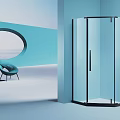 Modern Shower Sauna With Transparent Glass Black Frame Corner Design Blue Background And Circular Window