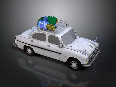 Vintage White Car Featuring Roof Rack With Colorful Luggage Bags 3d model