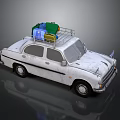 Vintage White Car Featuring Roof Rack With Colorful Luggage Bags