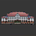 Classic Residential Building With Red Roof White And Red Walls Multiple Windows And Entrance Steps