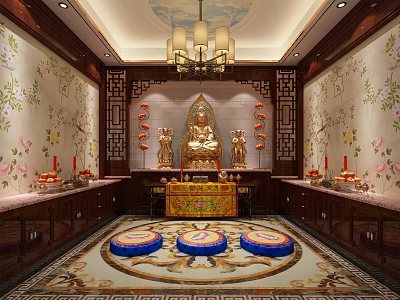 Chinese Style Buddhist Worship Hall With Golden Buddha Statue Altar And Prayer Cushions 3d model