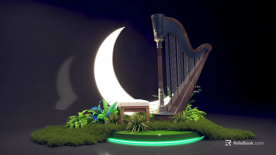 Magical Photo Check-in Spot With Crescent Moon Harp Green Foliage And Glowing Platform 3d model 