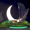 Magical Photo Check-in Spot With Crescent Moon Harp Green Foliage And Glowing Platform