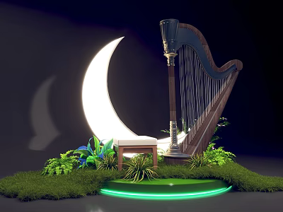 Magical Photo Check-in Spot With Crescent Moon Harp Green Foliage And Glowing Platform 3d model