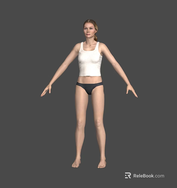Woman In White Tank Top And Black Underwear Standing On Gray Background 3d model 
