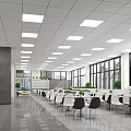 Spacious Cafeteria Interior With White Ceiling Square Lights Large Windows And Black White Tables 3d model
