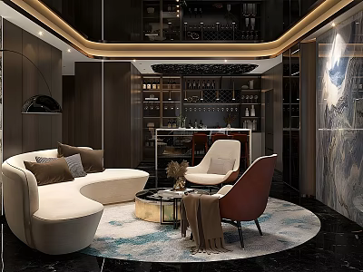 Luxurious Wine Cellar Interior Design With Curved Sofa Armchairs Round Rug And Wine Racks 3d model