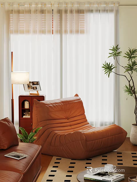 Modern Orange Leather Single Sofa With Wooden Floor Lamp Side Cabinet And Green Plant 3d model 