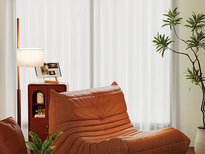 Modern Orange Leather Single Sofa With Wooden Floor Lamp Side Cabinet And Green Plant 3d model