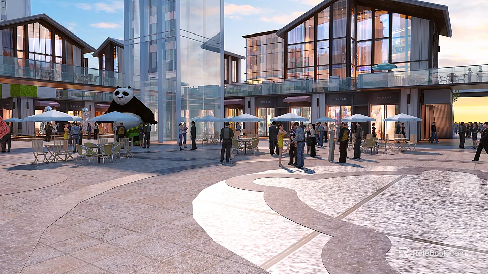 Modern Commercial Street Plaza With Vibrant Atmosphere Outdoor Dining Areas Pedestrians And Panda Sculpture 3d model 