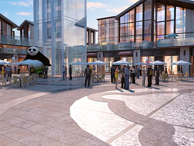 Modern Commercial Street Plaza With Vibrant Atmosphere Outdoor Dining Areas Pedestrians And Panda Sculpture 3d model