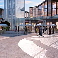 Modern Commercial Street Plaza With Vibrant Atmosphere Outdoor Dining Areas Pedestrians And Panda Sculpture