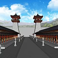 Ancient Traditional Architecture Featuring Classic Roof Courtyard Trees Blue Sky And Distant Mountains