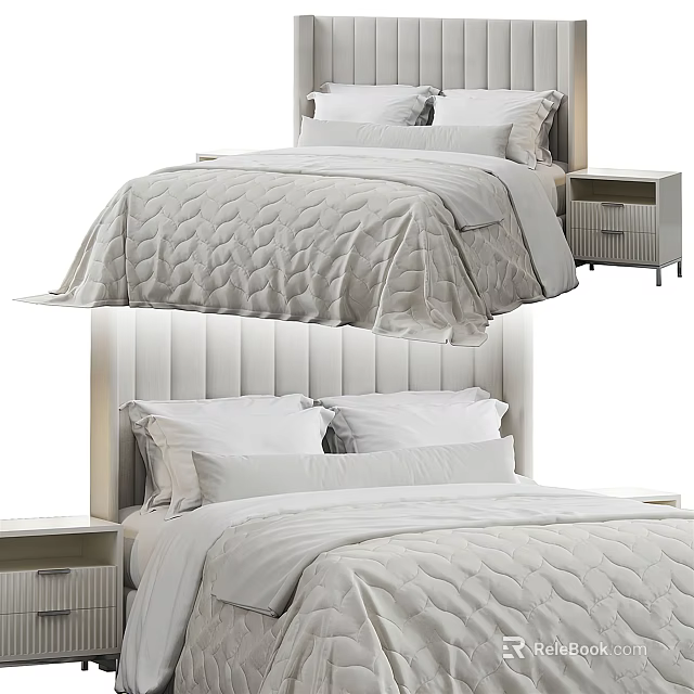 Double Bed With Vertical Panel Headboard Gray Quilt White Pillows And Nightstand Bedroom Interior 3d model 