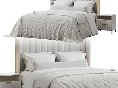 Double Bed With Vertical Panel Headboard Gray Quilt White Pillows And Nightstand Bedroom Interior 3d model